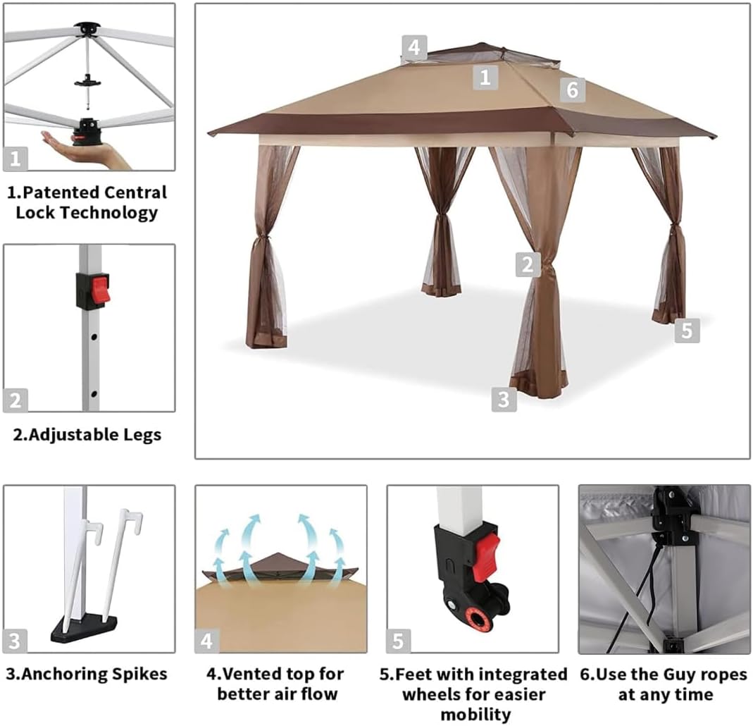 CROWN SHADES 13x13 Pop Up Gazebo, Canopy Tent, Gazebos on Clearance - Outdoor Gazebo for Backyard & Patio Furniture - Carpa Pop Up Tent with Wheeled STO-N-Go Cover Bag (White) wourant