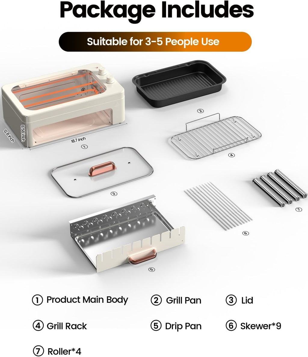 4-in-1 Electric Indoor Grill Smokeless for Home,Countertop Electric Grill with Removable Sizzling Grill Pan & Grate + Auto Rotating Kabob Skewers + Electric Hot Dog Roller Dual Zone Cook with Lid woonhhop