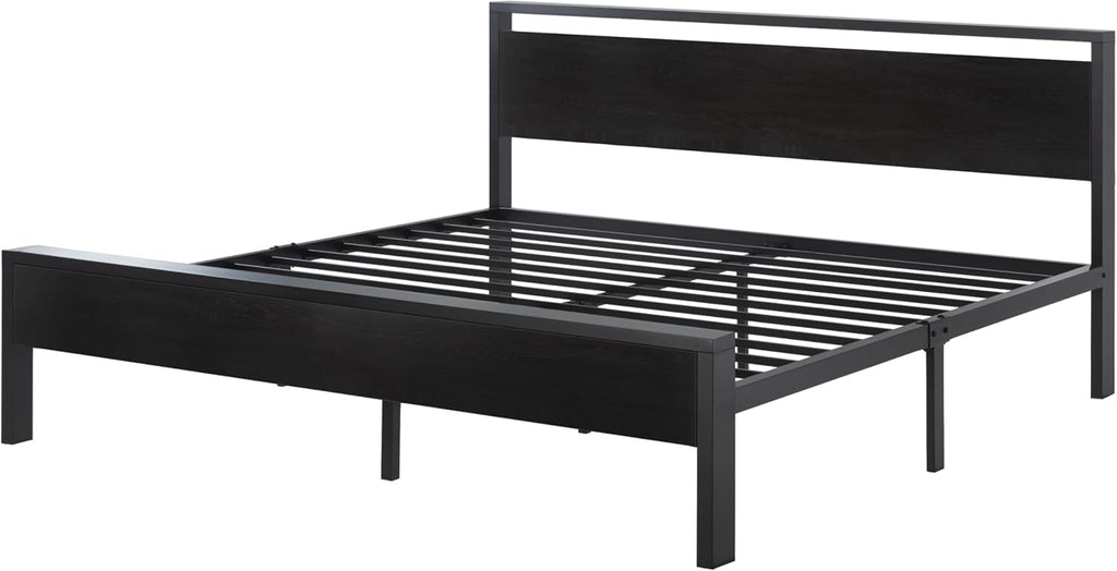 SHA CERLIN 14 Inch Queen Size Metal Platform Bed Frame with Wooden Headboard and Footboard wourant