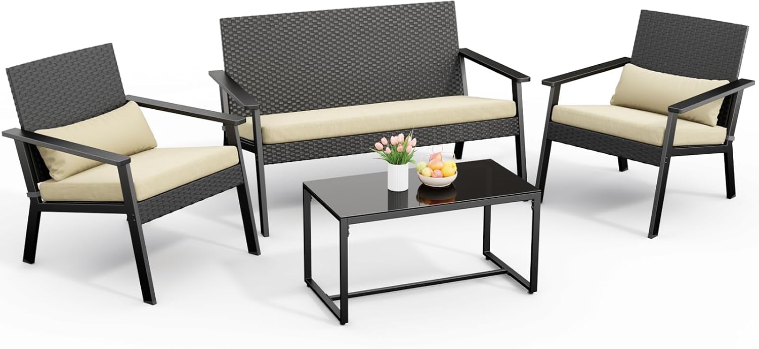 Ahomly 4-Piece Outdoor Wicker Patio Furniture Set with Deep Seating Cushions and Table for Balcony, Backyard, and Porch (Gray) wourant