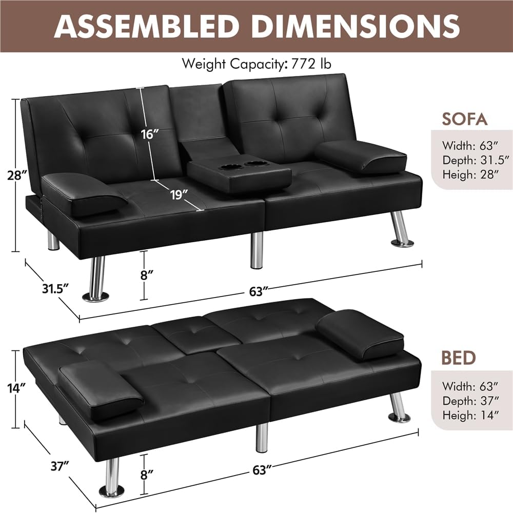 Yaheetech Convertible Sofa Bed Adjustable Couch Sleeper Modern Faux Leather Home Recliner Reversible Loveseat Folding Daybed Guest Bed, Removable Armrests, Cup Holders, 3 Angles, 772lb Capacity, Brown wourant