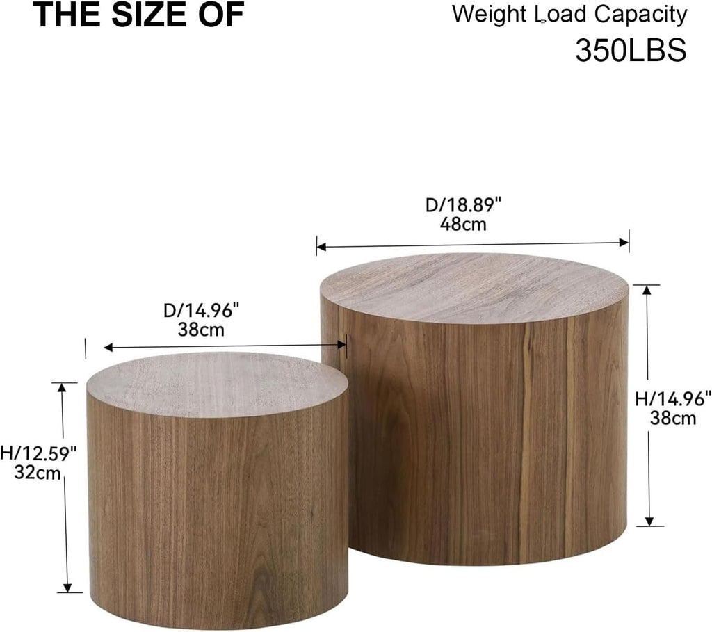 Nesting Coffee Table Set of 2, Modern Round Coffee Table with Non-Slip Feet, Walnut Wooden Circle Accent Tables for Small Spaces Living Room Bedroom Balcony Office Drum Side Table (Walnut) wourant