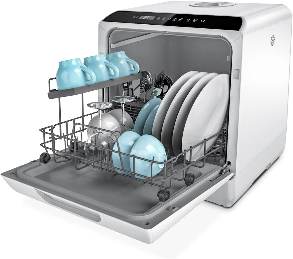 Hermitlux Countertop Dishwasher, 7 Washing Programs Portable Mini Dishwasher with 5-Liter Built-in Water Tank for Apartments & RVs, LED Light, Glass Door, No Hookup Needed wourant