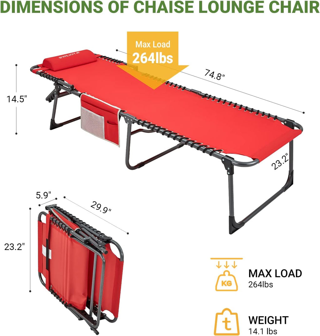 2 Pack Outdoor Chaise Lounge Chair - Portable Folding Patio Pool Lounge Chair, 5 Positions Adjustable Reclining Camping Chair with Side Table,Shoulder Strap, Pillow for Beach Sunbathing Lawn wourant