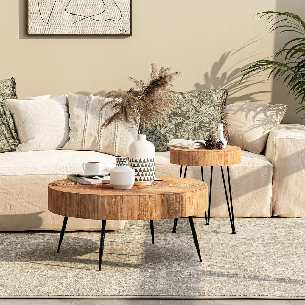 Two-Piece Modern Farmhouse Living Room Coffee Table Set Round Nesting Tables wourant