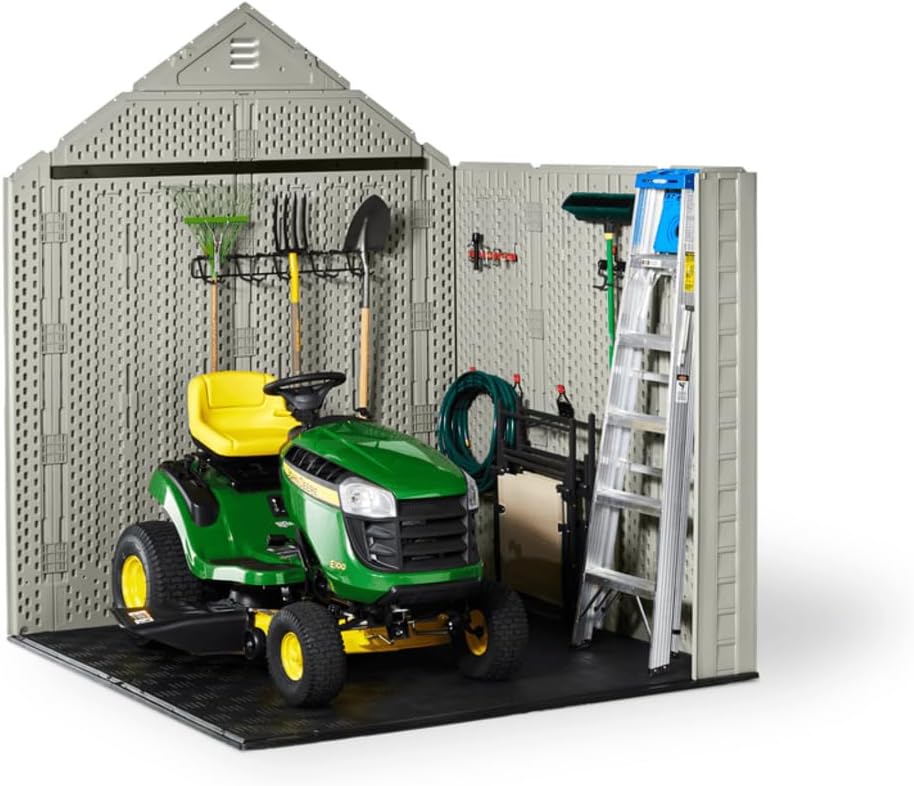 Rubbermaid Resin Outdoor Storage Shed With Floor (7 x 7 Ft) Weather Resistant Gray Organization for Home/Backyard/Garden Tools/Lawn Mower/Bike Storage/Pool Supplies wourant