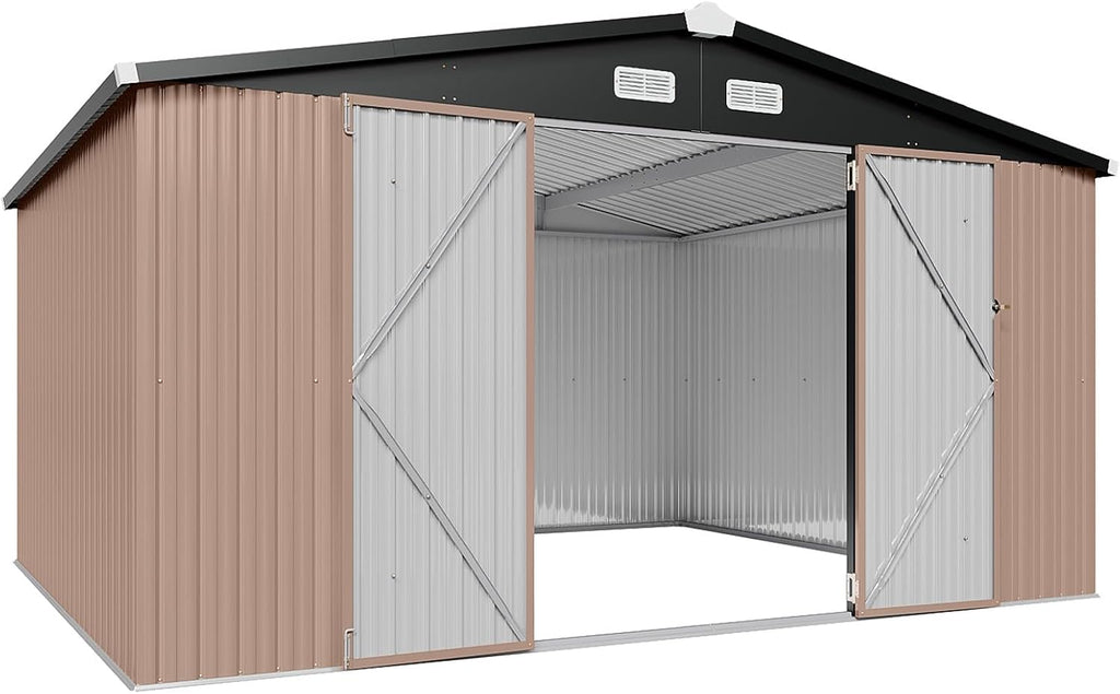 Aoxun 12x10 FT Shed Metal Outdoor Waterproof Storage Shed Steel Utility Garden Tool Shed with Door & Lock Outdoor Storage for Garden Patio Lawn Poolside, Brown wourant