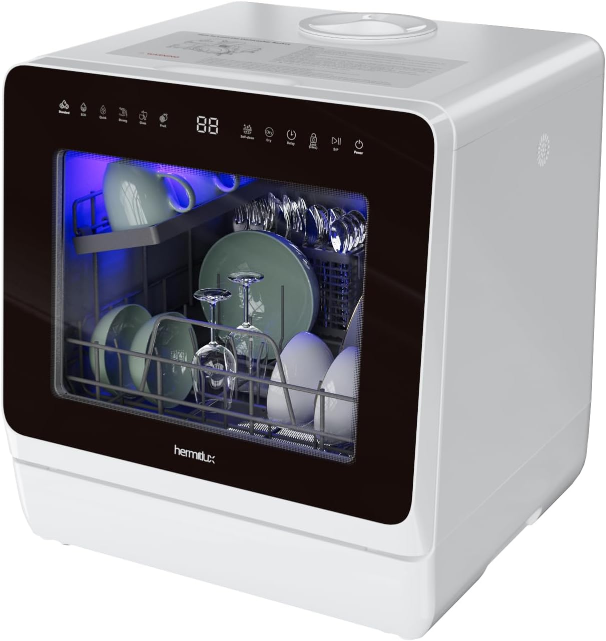 Hermitlux Countertop Dishwasher, 7 Washing Programs Portable Mini Dishwasher with 5-Liter Built-in Water Tank for Apartments & RVs, LED Light, Glass Door, No Hookup Needed wourant