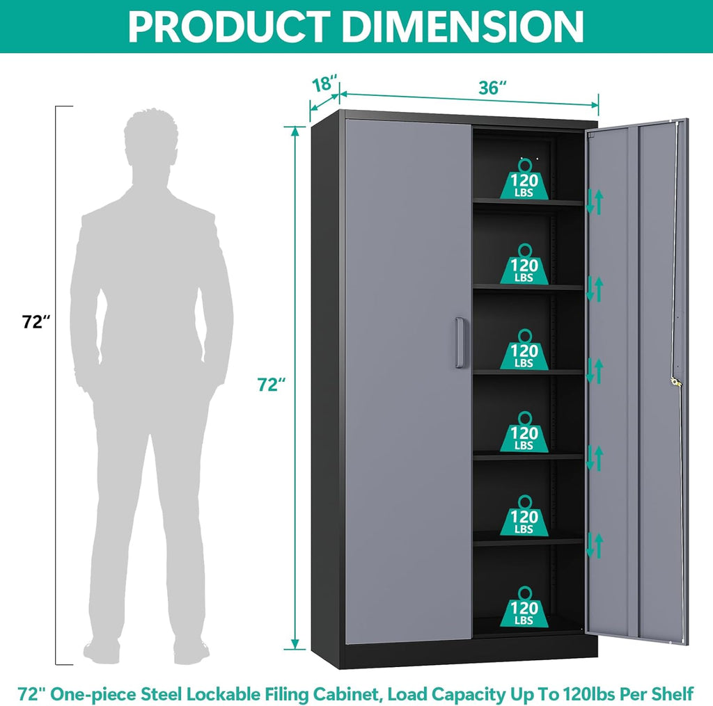 Metal Storage Cabinet with 2 Doors and 6 Shelves, Black Metal Cabinet with Lock, 71 Inch Lockable Garage Storage Cabinet wourant
