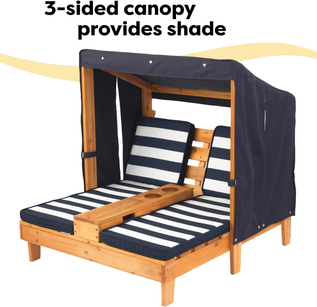 KidKraft Wooden Outdoor Double Chaise Lounge with Cup Holders, Kid's Patio Furniture, Honey with Navy and White Striped Fabric, Gift for Ages 3-8 wourant