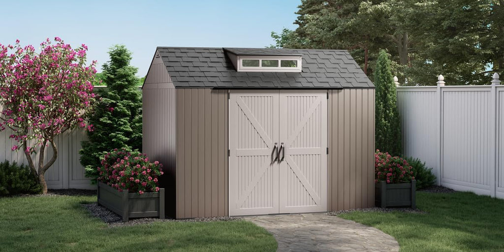 Rubbermaid Resin Outdoor Storage Shed With Floor (7 x 7 Ft) Weather Resistant Gray Organization for Home/Backyard/Garden Tools/Lawn Mower/Bike Storage/Pool Supplies wourant