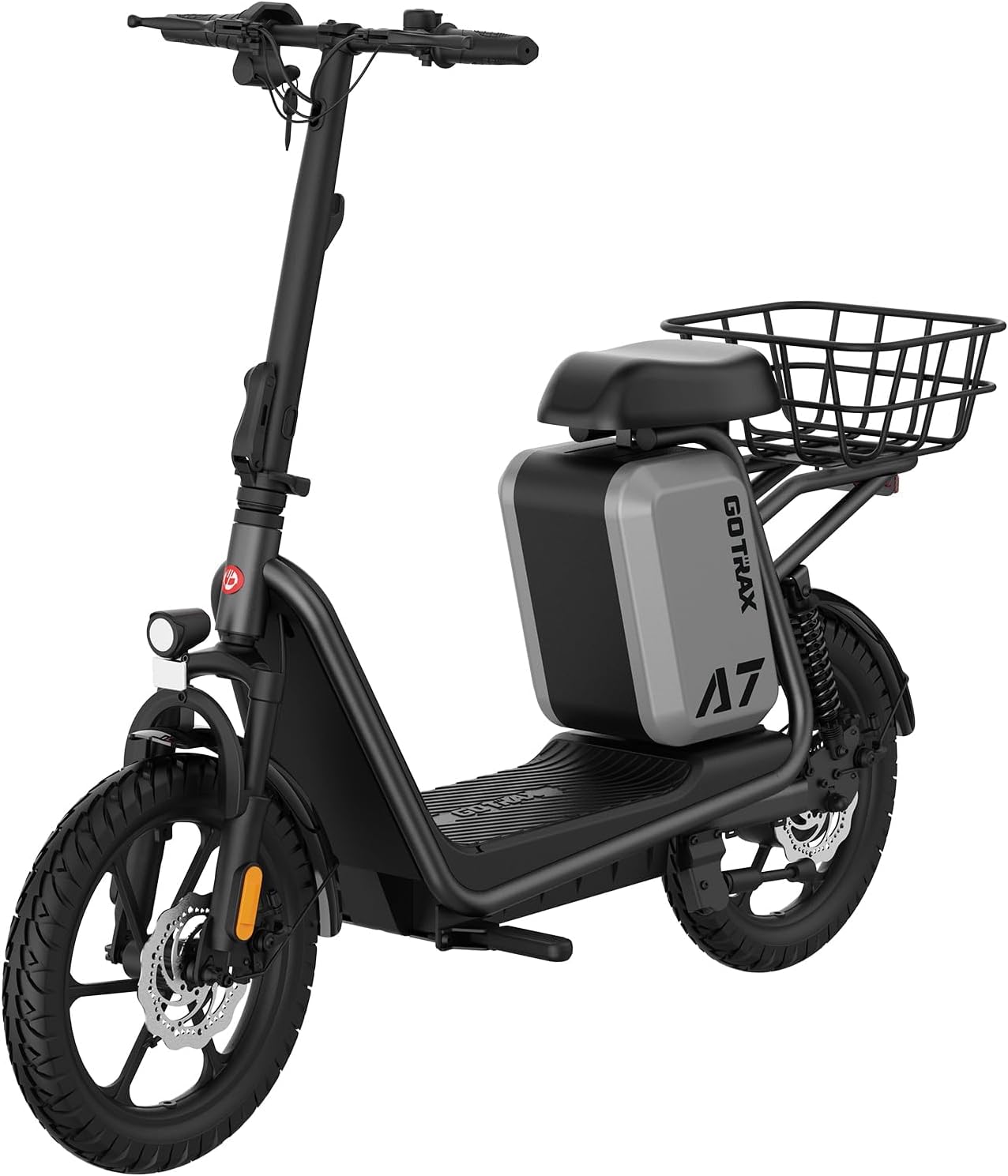 Gotrax adult electric scooter with seat, maximum range of 19-25 miles, all-terrain tires, wide pedals, padded seat, and carrycot wourant