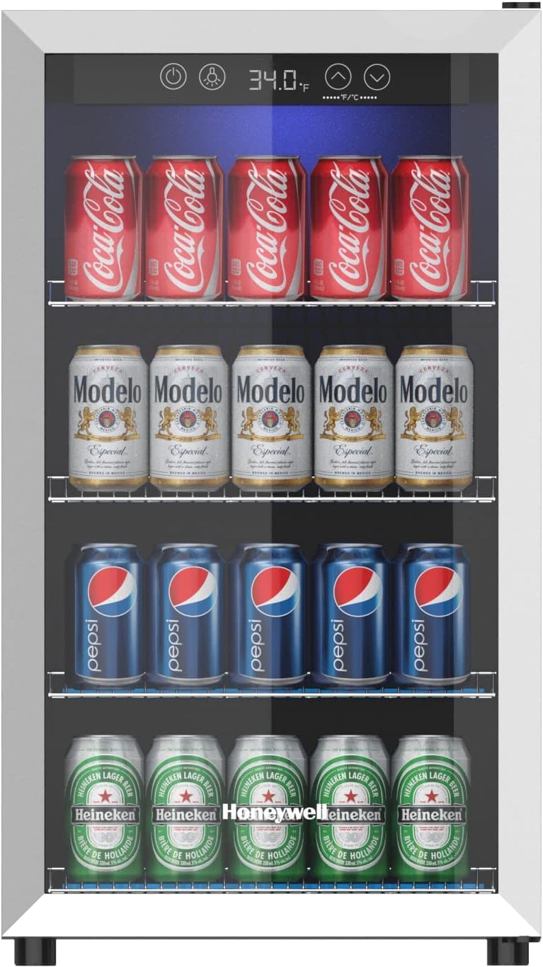 Honeywell Beverage Refrigerator and Cooler, 115 Can Mini Fridge with Glass Door for Soda Beer or Wine for Office or Bar with Adjustable Removable Shelving wourant