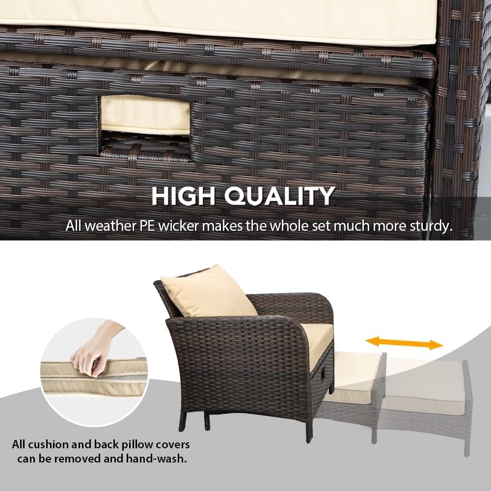 LEVELEVE Balcony Furniture 5 Piece Patio Conversation Set, PE Wicker Rattan Outdoor Lounge Chairs with Soft Cushions 2 Ottoman&Glass Table for Porch, Lawn-Brown Wicker wourant