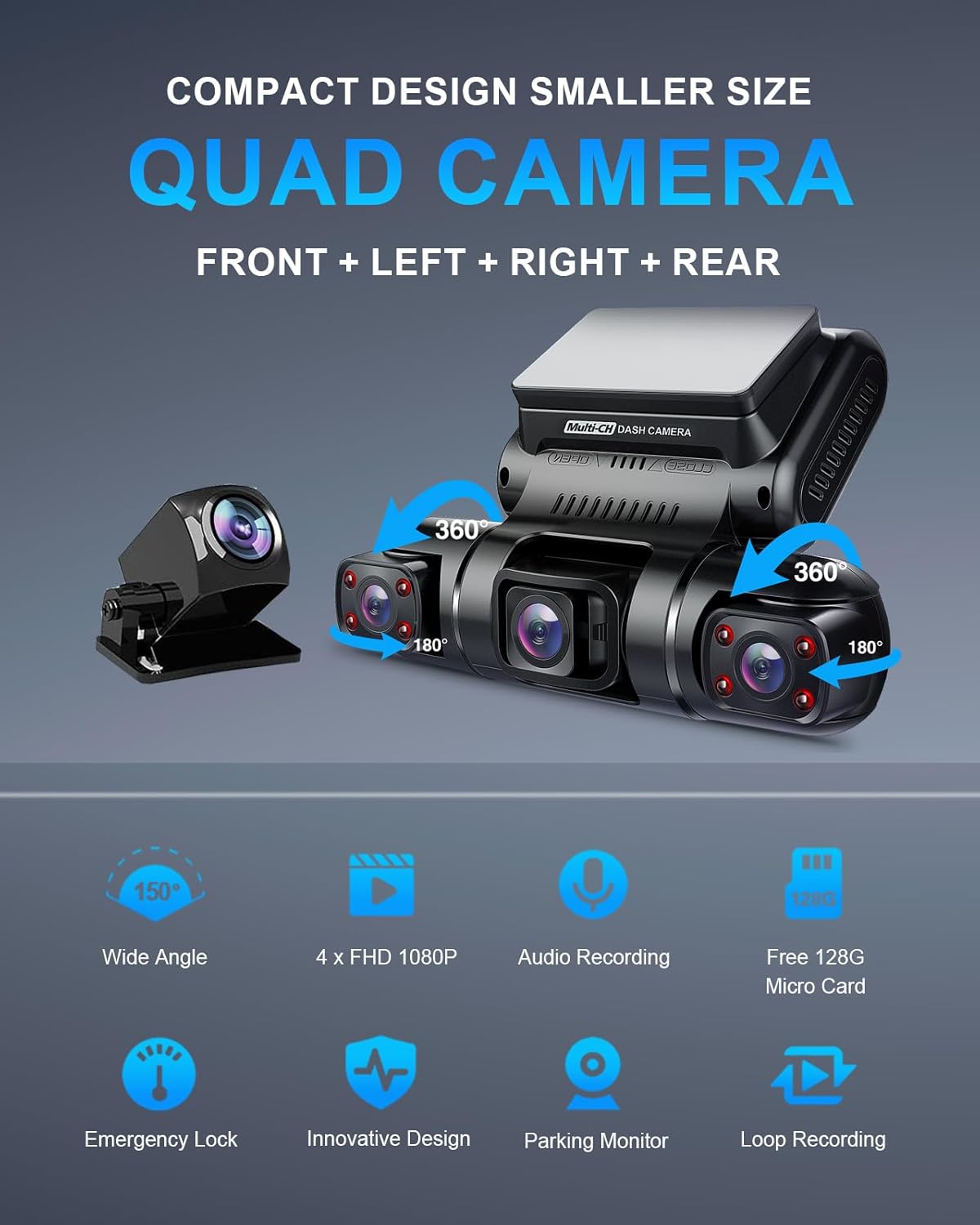 PRUVEEO 360-degree view car dash cam, built-in GPS WiFi night vision, 24/7 all-weather recording parking mode monitor, free 128G card wourant