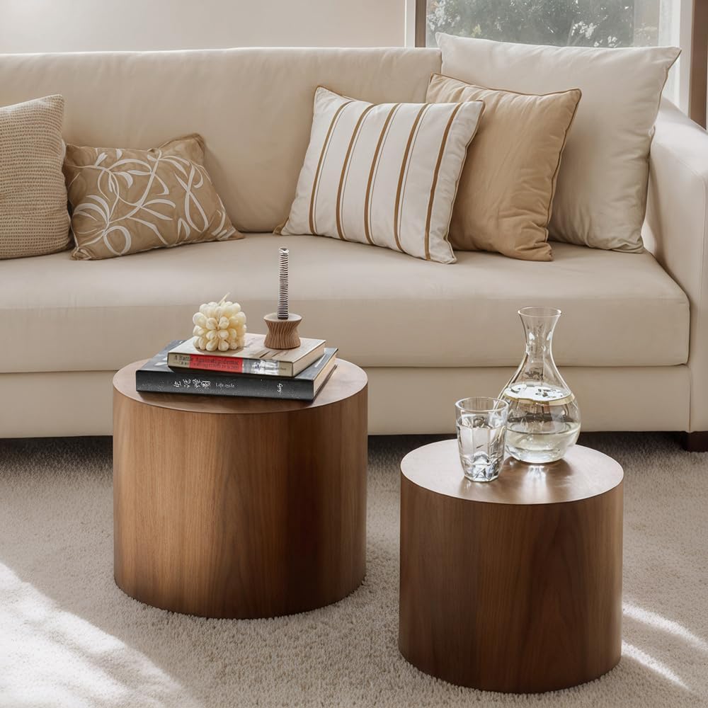 Nesting Coffee Table Set of 2, Modern Round Coffee Table with Non-Slip Feet, Walnut Wooden Circle Accent Tables for Small Spaces Living Room Bedroom Balcony Office Drum Side Table (Walnut) wourant