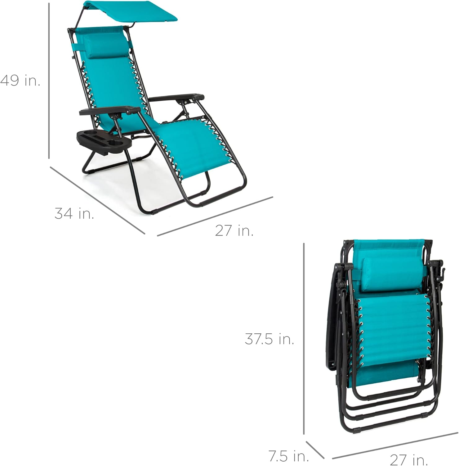 Best Choice Products Folding Zero Gravity Outdoor Recliner Patio Lounge Chair w/Adjustable Canopy Shade, Headrest, Side Accessory Tray, Textilene Mesh - Peacock Blue wourant