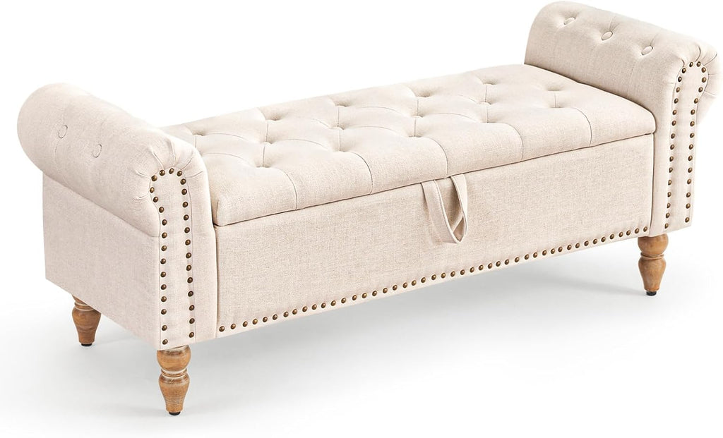 Furniliving Modern Storage Ottoman Bench, Sherpa Ottoman End of Bed Bench with Solid Wood Legs Upholstered Ottoman Benches with Storage Indoor Bench wourant