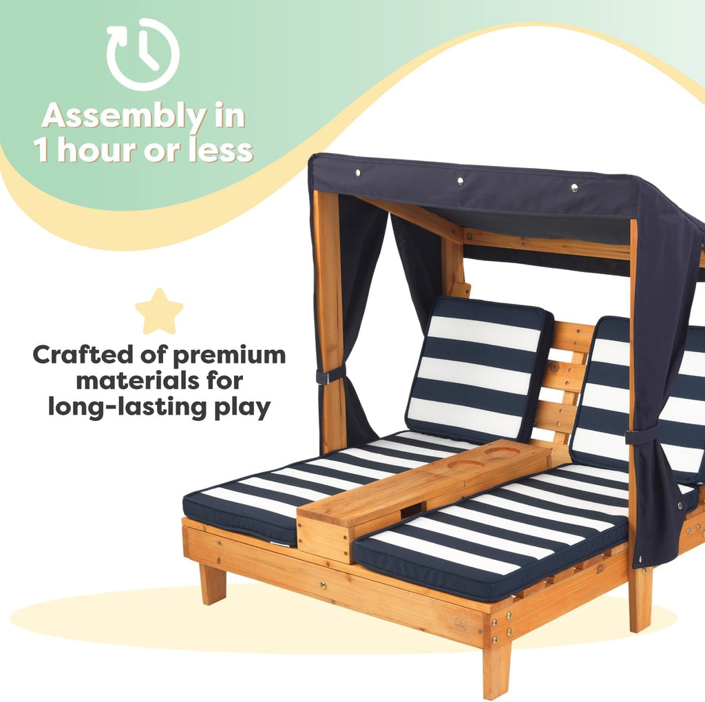 KidKraft Wooden Outdoor Double Chaise Lounge with Cup Holders, Kid's Patio Furniture, Honey with Navy and White Striped Fabric, Gift for Ages 3-8 wourant