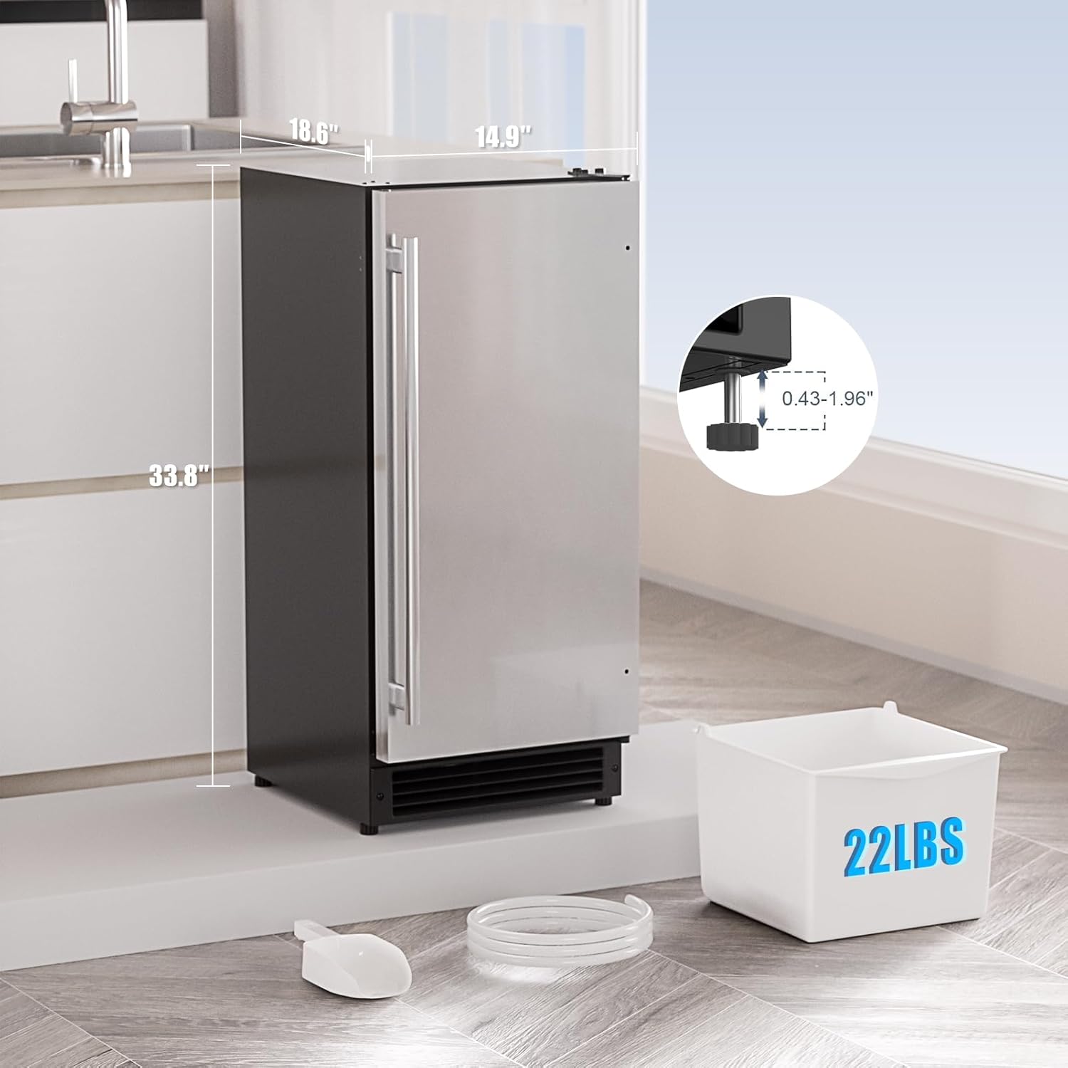 COTLIN 15" W Drainless Under Counter Ice Maker with 22LBS Storage Bin, Crescent Ice, Free Standing Built-in Ice Maker for Residential Commercial Use, No Drain Required, ETL Approved, 2025 Upgraded wourant