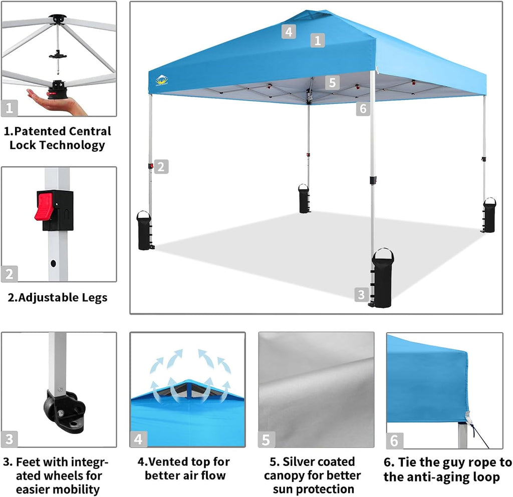 10x10 Pop-Up Awning - One-Click Installation Beach Tent - Outdoor Sunshade Silver Coated Top, 3 Heights and 4 Sand Pockets wourant