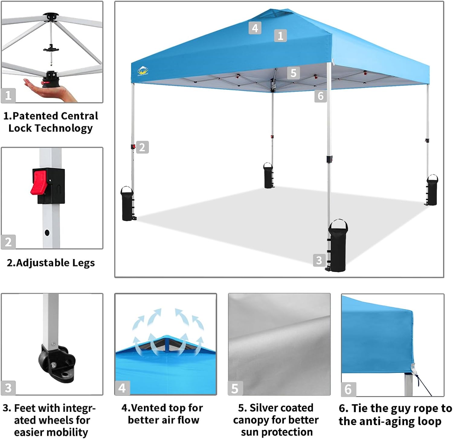 10x10 Pop-Up Awning - One-Click Installation Beach Tent - Outdoor Sunshade Silver Coated Top, 3 Heights and 4 Sand Pockets wourant