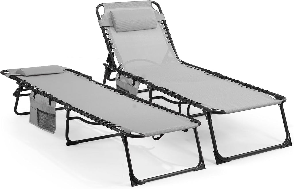 Unovivy Outdoor Chaise Lounge Chairs Set of 2, Portable Folding Pool Lounge Chair with 5-Position Reclining Back, Teslin Tanning Chair for Pool, Beach, Patio, Sunbathing wourant