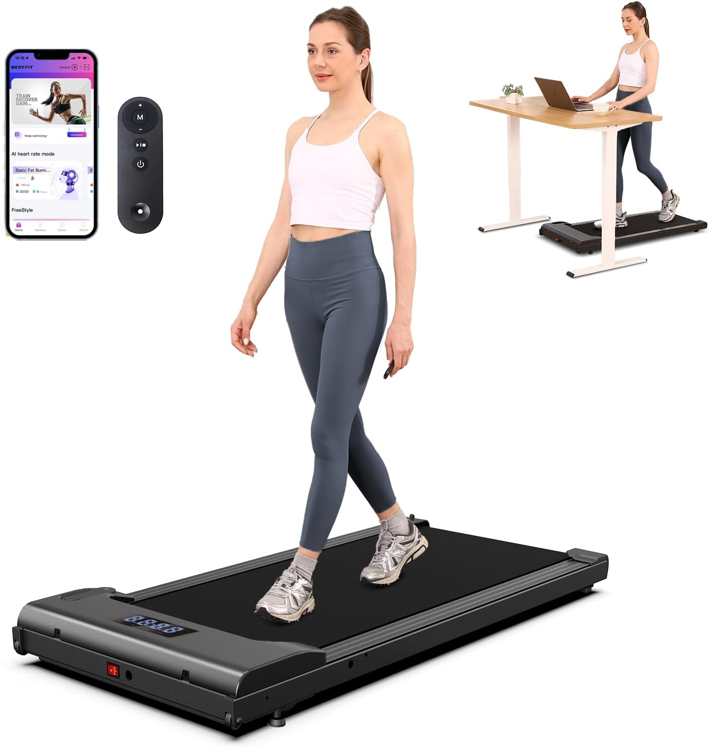 Lichico Walking Pad Under Desk Treadmill, Ultra-Quiet Brushless Electric Walking and Jogging Treadmill with Remote Control wourant