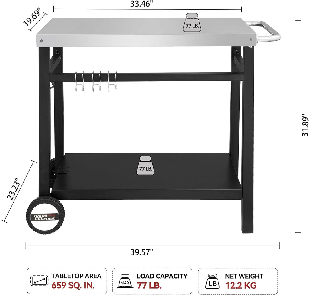 Royal Gourmet Dining Cart Table with Double-Shelf, Movable Stainless Steel Flattop Grill Cart, Hooks, Side Handle, Multifunctional PC3401B (Black) wourant
