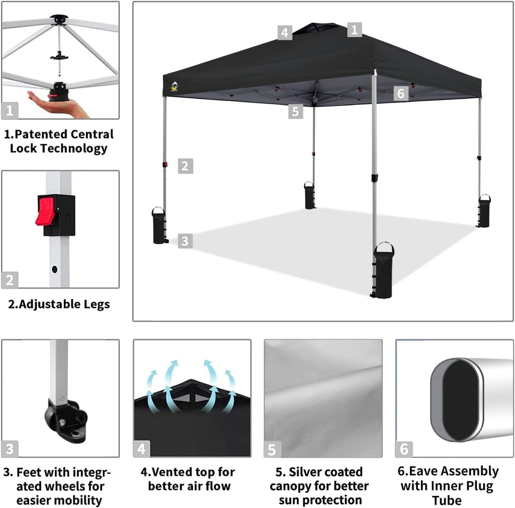 10x10 Pop-Up Awning - One-Click Installation Beach Tent - Outdoor Sunshade Silver Coated Top, 3 Heights and 4 Sand Pockets wourant