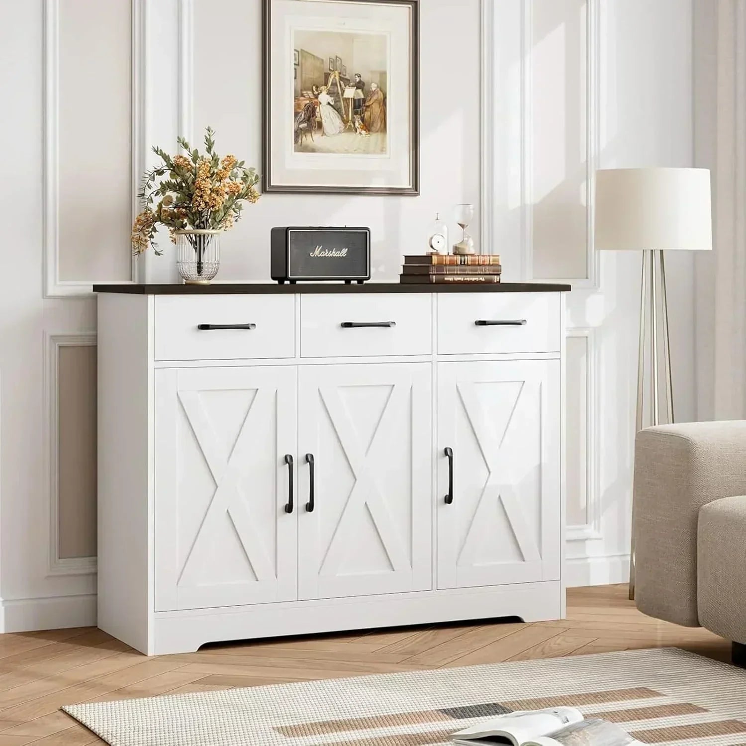 Modern farmhouse sideboard barn door buffet storage cabinet with drawers and shelves wourant