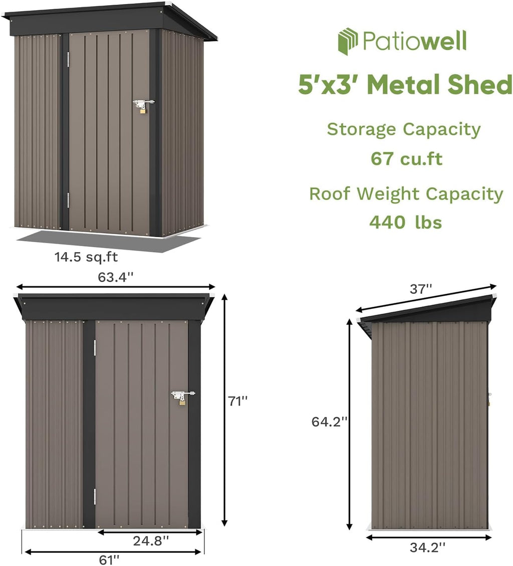 Patiowell 5x3 FT Outdoor Storage Shed Tool Shed with Sloping Roof and Lockable Door Metal Shed wourant