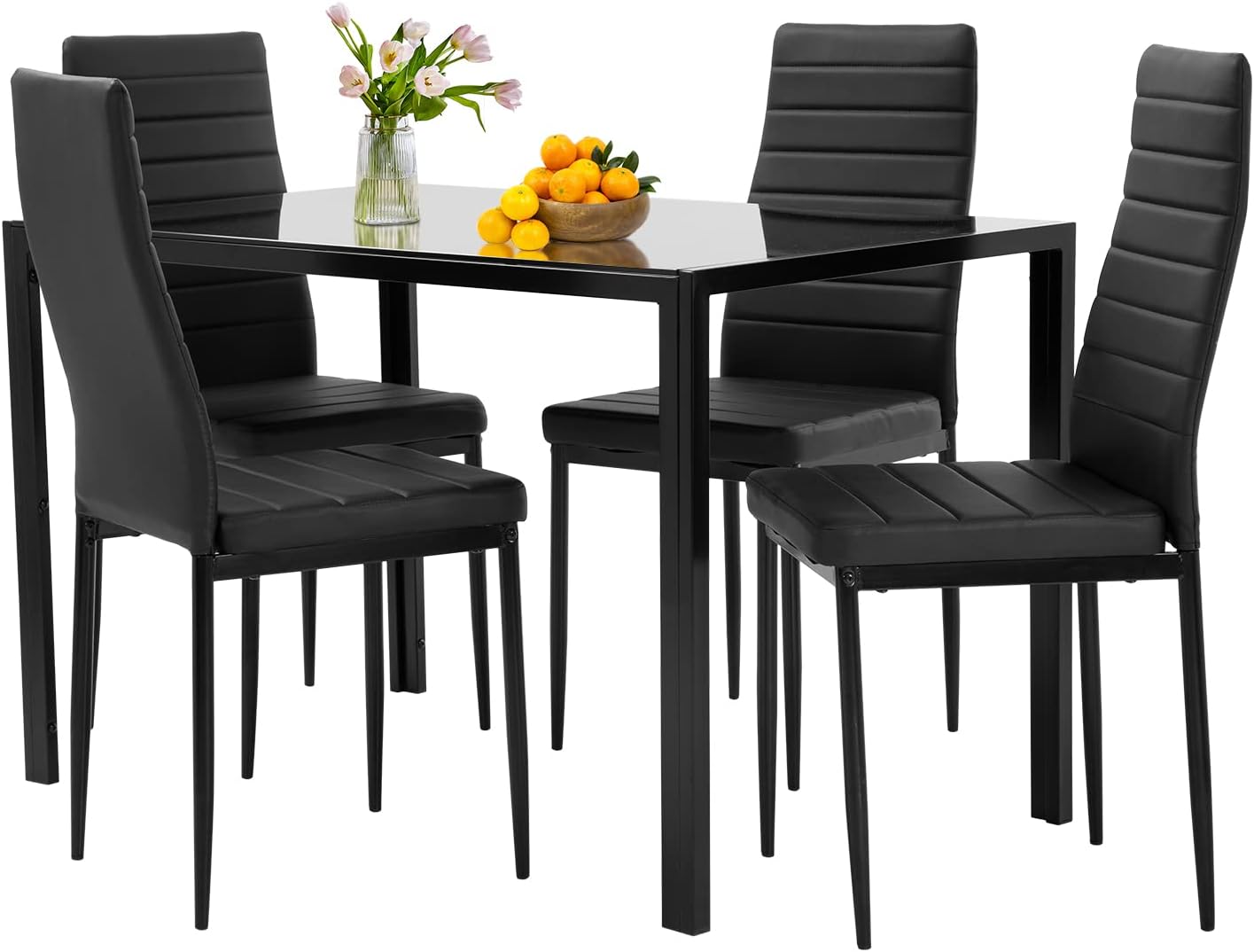 FDW Dining Table Set for 4 Glass Black Dining Table Kitchen Table with 4 Upholstered Chairs wourant