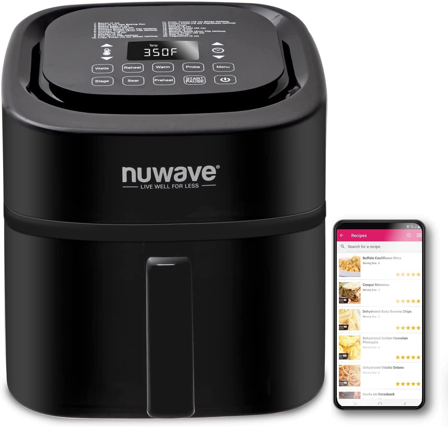 Nuwave Brio 15.5Qt Air Fryer/Oven quickly reheats, bakes, and dehydrates food with a temperature control range of 50°-425°F 1800W. wourant