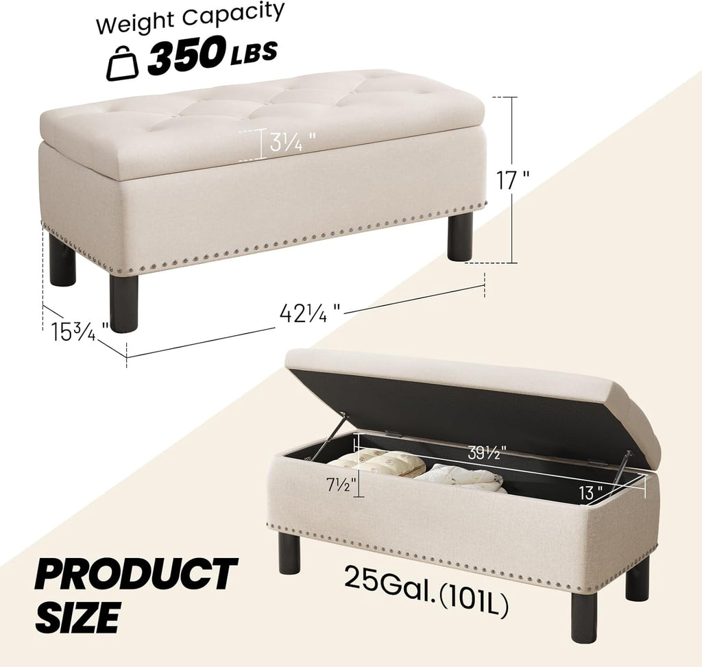 Furniliving Modern Storage Ottoman Bench, Sherpa Ottoman End of Bed Bench with Solid Wood Legs Upholstered Ottoman Benches with Storage Indoor Bench wourant