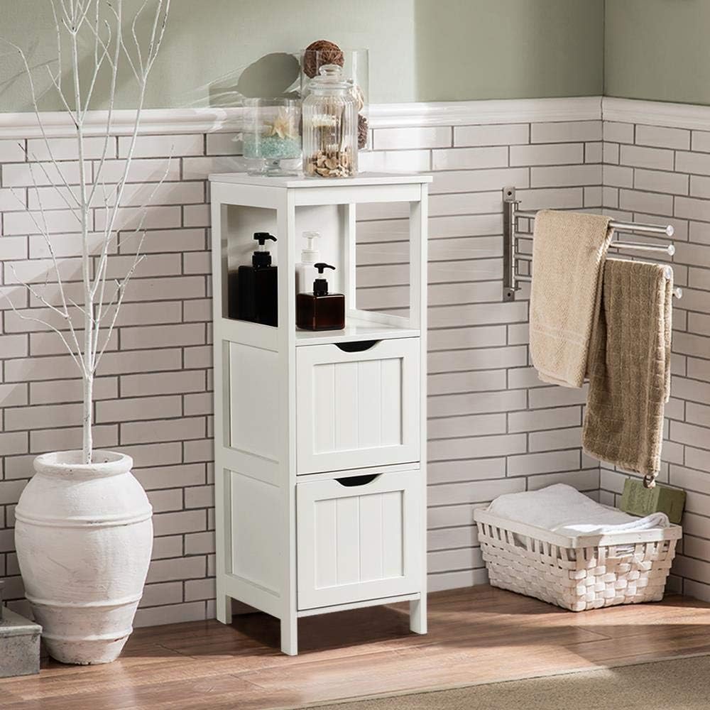 Yaheetech Bathroom Floor Cabinet, Wooden Storage Cabinet with 2 Drawers, Multifunctional Side Organizer Rack Stand Table, White wourant