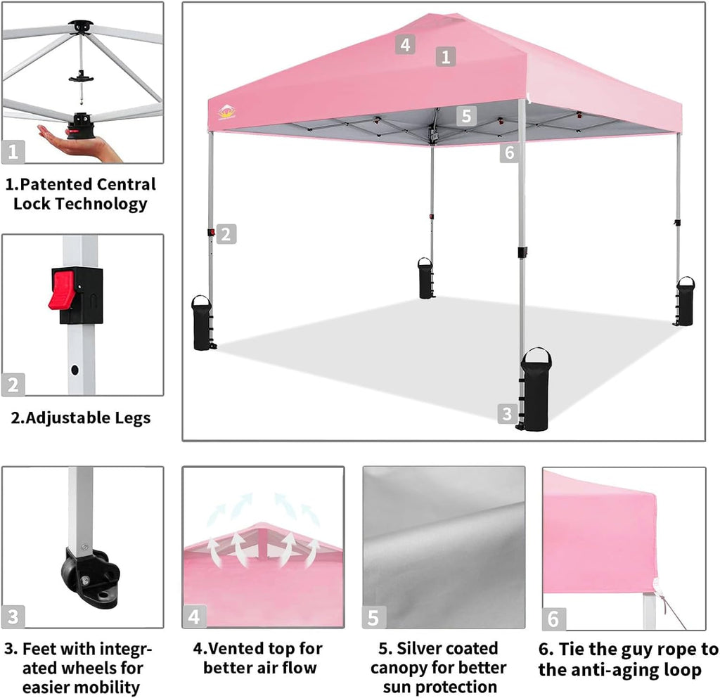 10x10 Pop-Up Awning - One-Click Installation Beach Tent - Outdoor Sunshade Silver Coated Top, 3 Heights and 4 Sand Pockets wourant