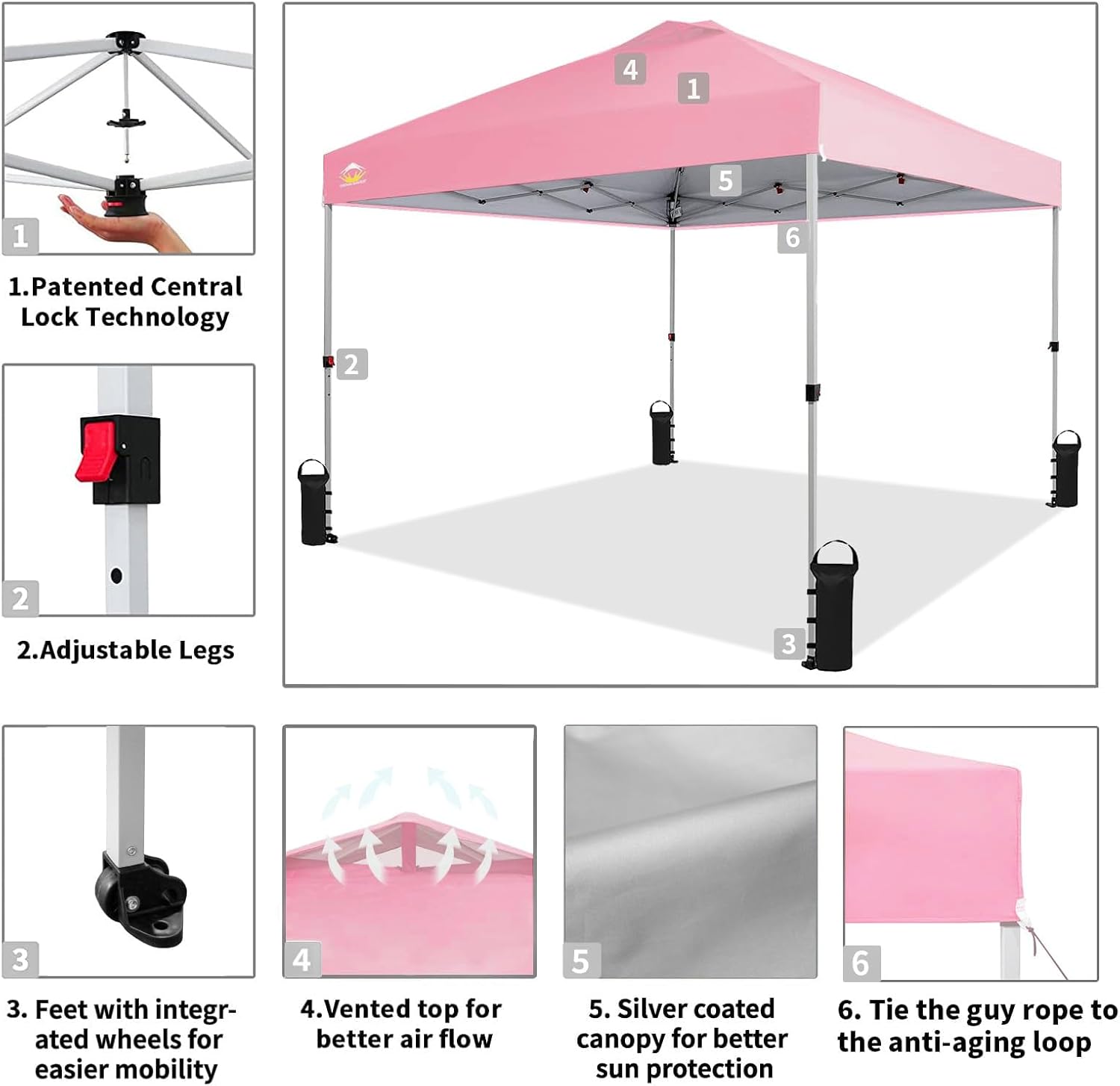 10x10 Pop-Up Awning - One-Click Installation Beach Tent - Outdoor Sunshade Silver Coated Top, 3 Heights and 4 Sand Pockets wourant