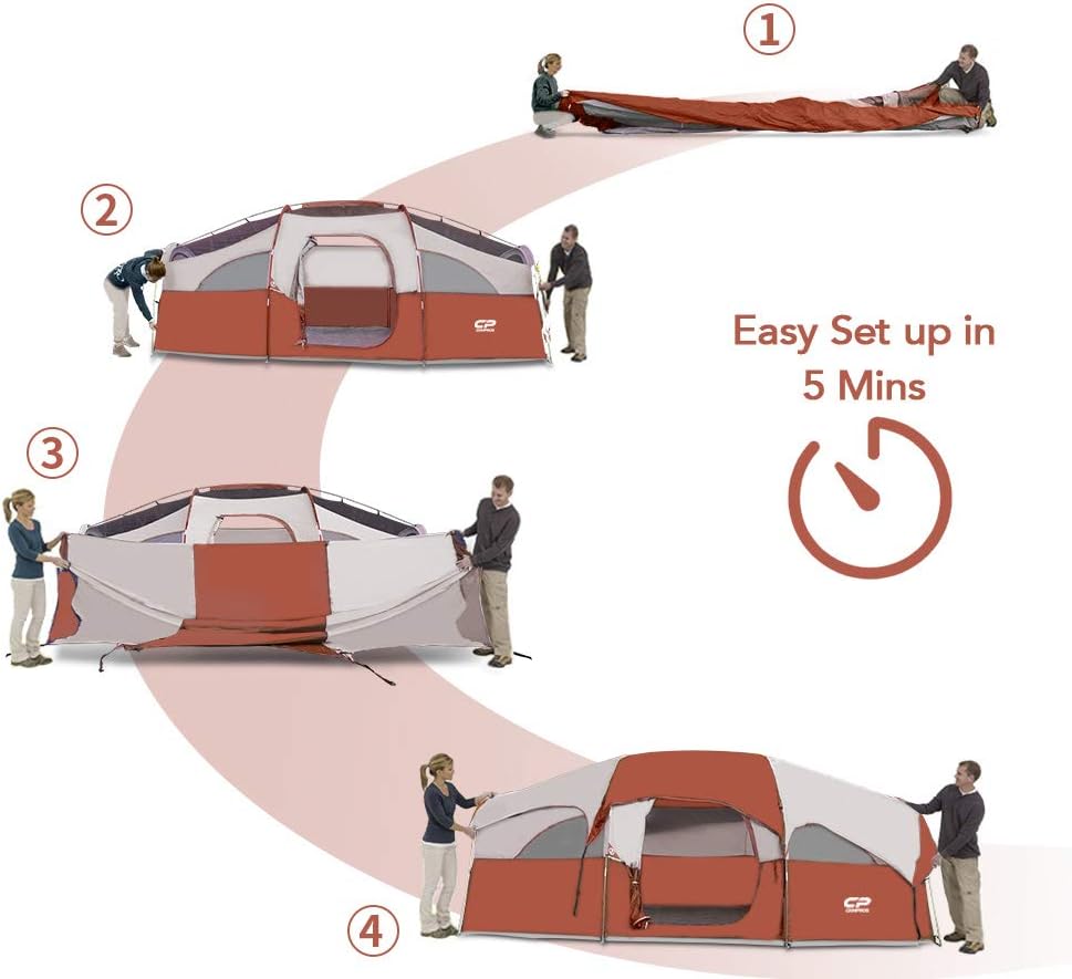 CAMPROS CP Tent 8 Person Camping Tents, Weather Resistant Family Tent, 5 Large Mesh Windows, Double Layer, Divided Curtain for Separated Room, Portable with Carry Bag wourant