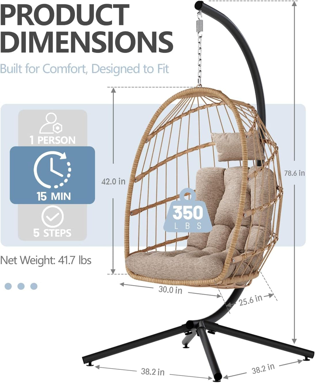 SWITTE Egg Chair Outdoor Indoor Wicker Hanging Egg Swing Chair 350lbs Capacity for Patio wourant