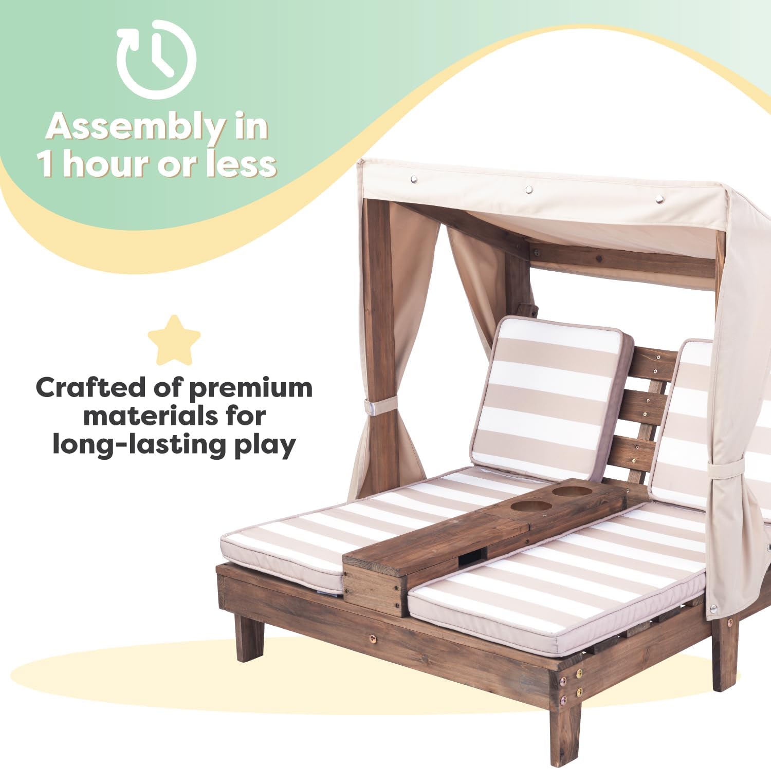 KidKraft Wooden Outdoor Double Chaise Lounge with Cup Holders, Kid's Patio Furniture, Honey with Navy and White Striped Fabric, Gift for Ages 3-8 wourant