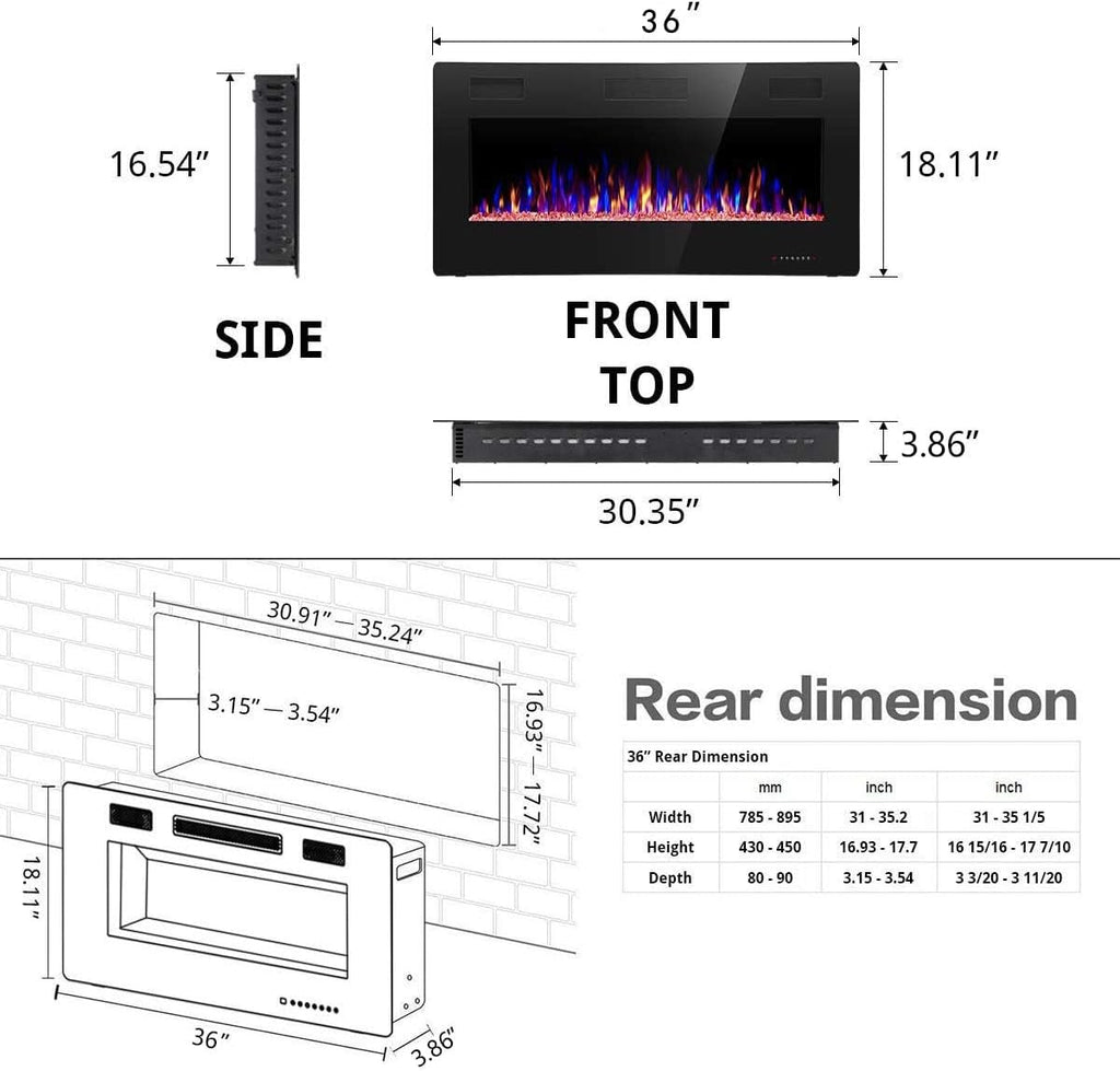 R.W.FLAME 60" Recessed and Wall Mounted Electric Fireplace, Low Noise, Fit for 2 x 6 Stud, Remote Control with Timer, Touch Screen, Adjustable Flame Color and Speed, 750-1500W wourant