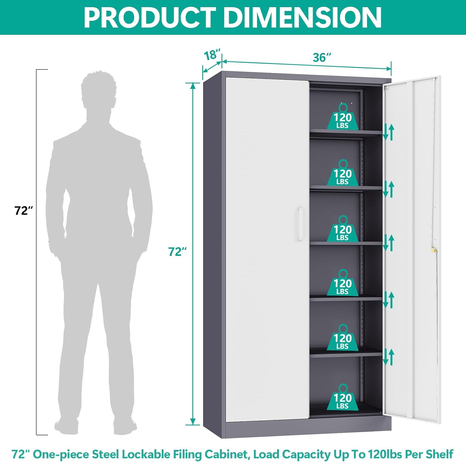 Metal Storage Cabinet with 2 Doors and 6 Shelves, Black Metal Cabinet with Lock, 71 Inch Lockable Garage Storage Cabinet wourant