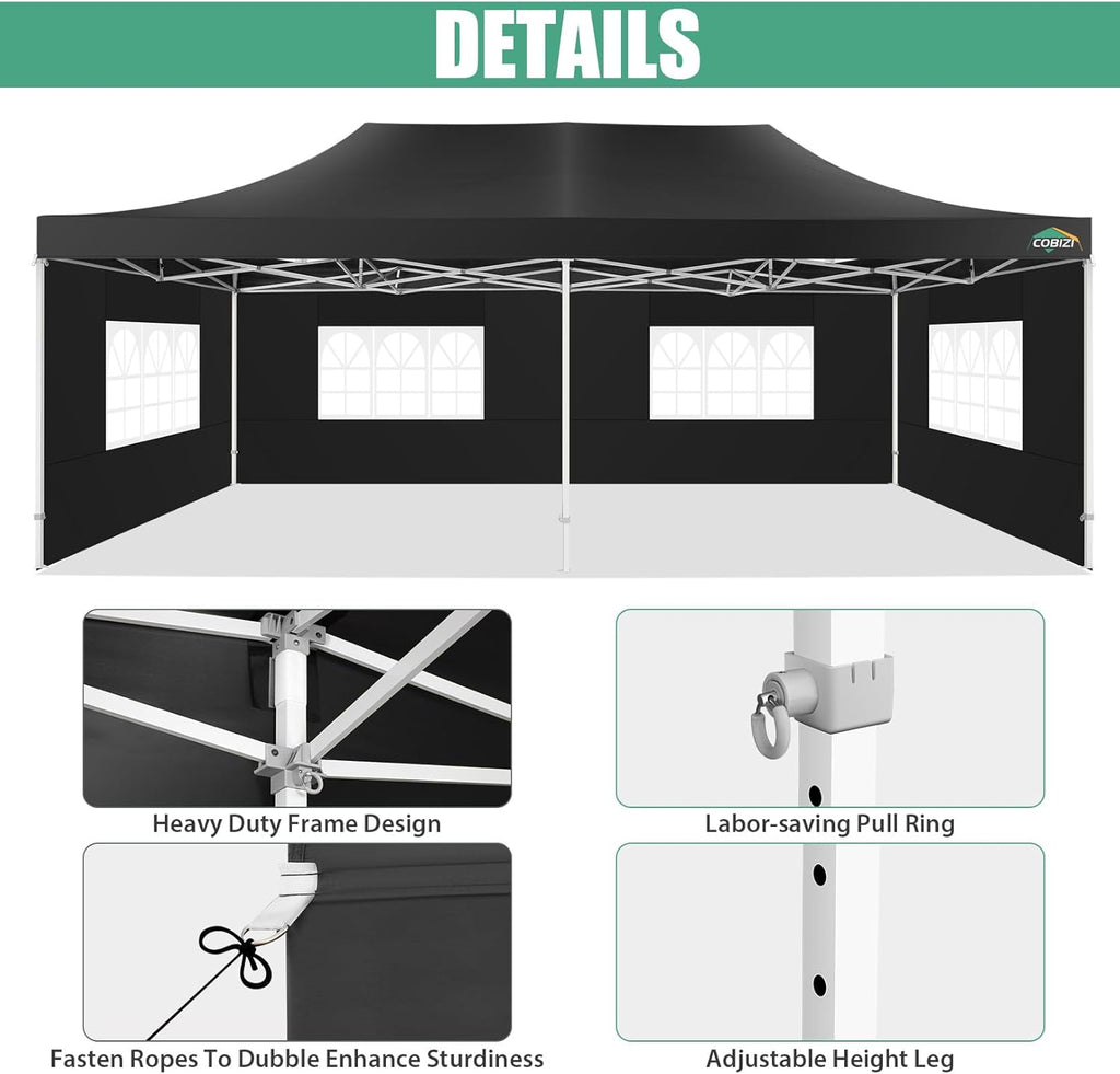 COBIZI 10x20 Heavy Duty Pop up Canopy Tent with 6 sidewalls Easy Up Commercial Outdoor Canopy Wedding Party Tents for Parties All Season Wind & Waterproof Gazebo with Roller Bag,Black(Frame Thickened) wourant