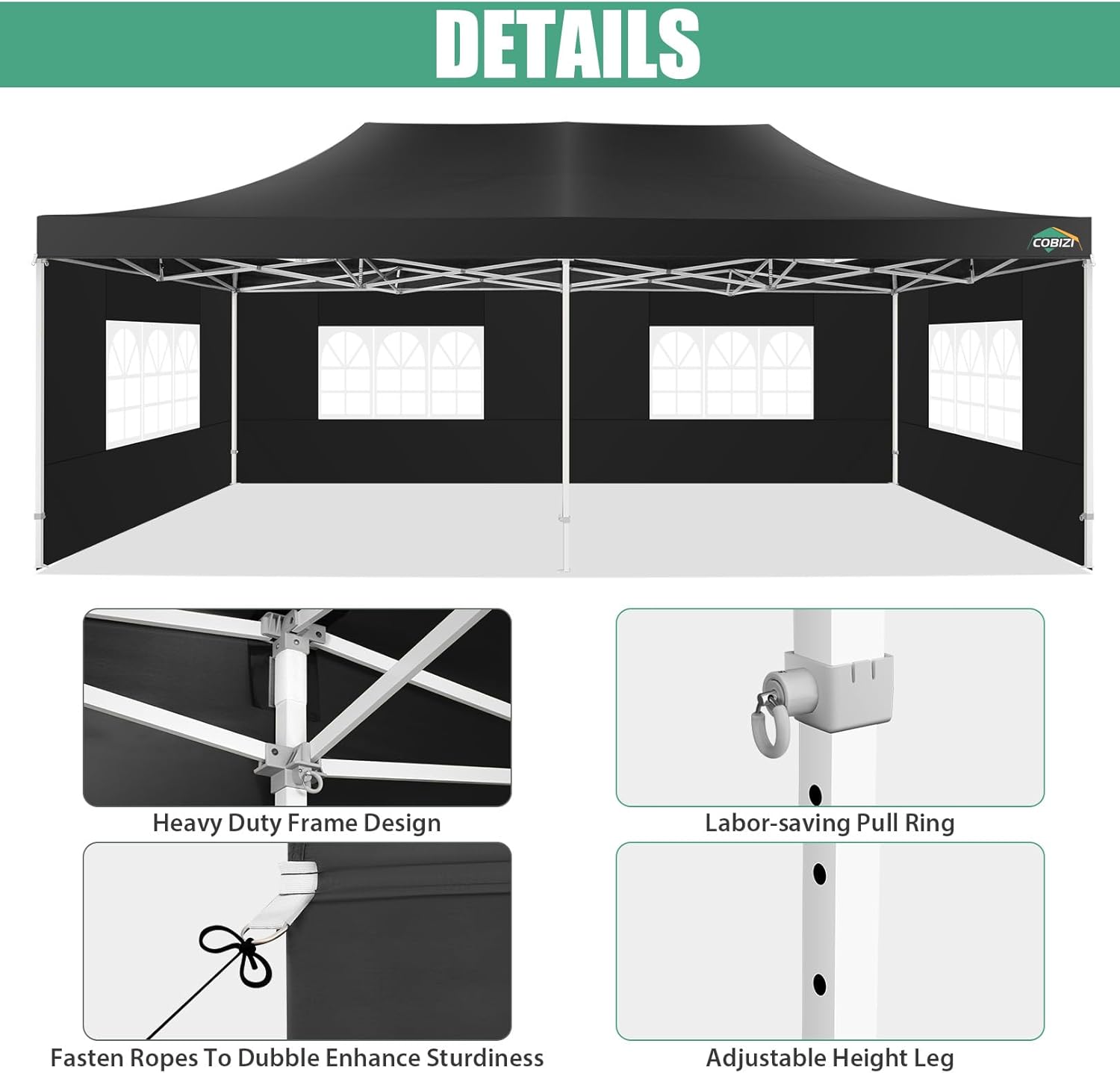 COBIZI 10x20 Heavy Duty Pop up Canopy Tent with 6 sidewalls Easy Up Commercial Outdoor Canopy Wedding Party Tents for Parties All Season Wind & Waterproof Gazebo with Roller Bag,Black(Frame Thickened) wourant
