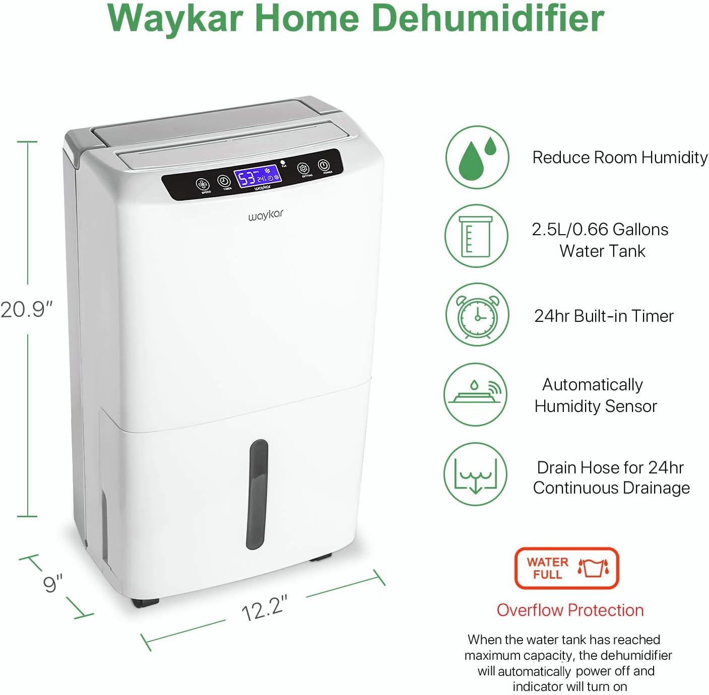 Waykar 2000 Sq. Ft Dehumidifier for Home and Basements, with Auto or Manual Drainage, 0.66 Gallon Water Tank Capacity wourant