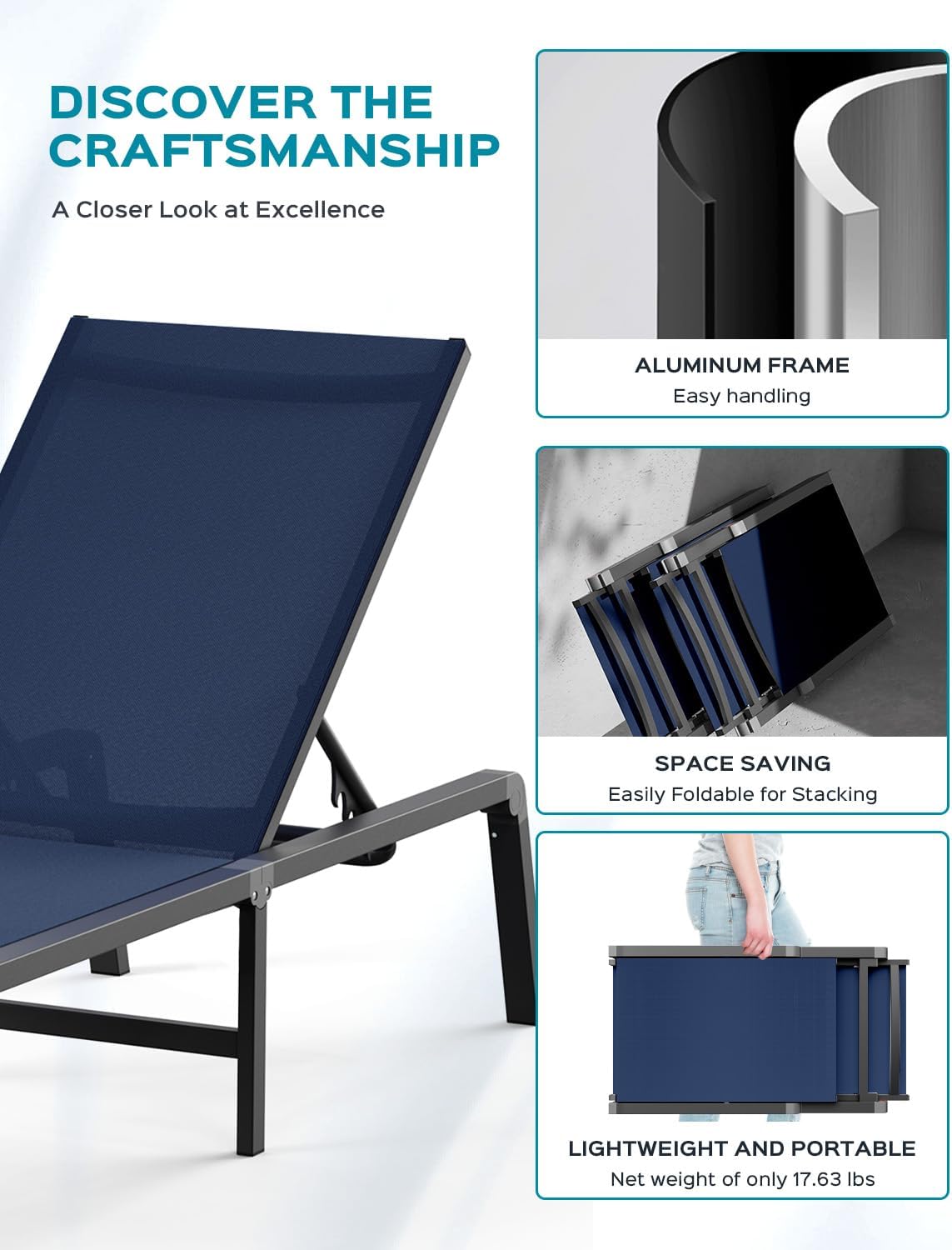 Aluminum Chaise Lounge Ourdoor - Foldable & Assemble Free Outdoor Lounge Chair with 5 Adjustable Backrest, Patio Lounge Chair for Outside Poolside Beach Pool, Black wourant