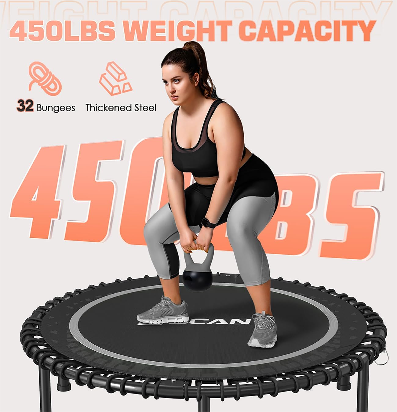 BCAN 450/550 LBS Foldable Mini Trampoline, 40"/48" Fitness Trampoline with Bungees, U Shape Adjustable Foam Handle, Stable & Quiet Exercise Rebounder for Adults Indoor/Outdoor Workout wourant