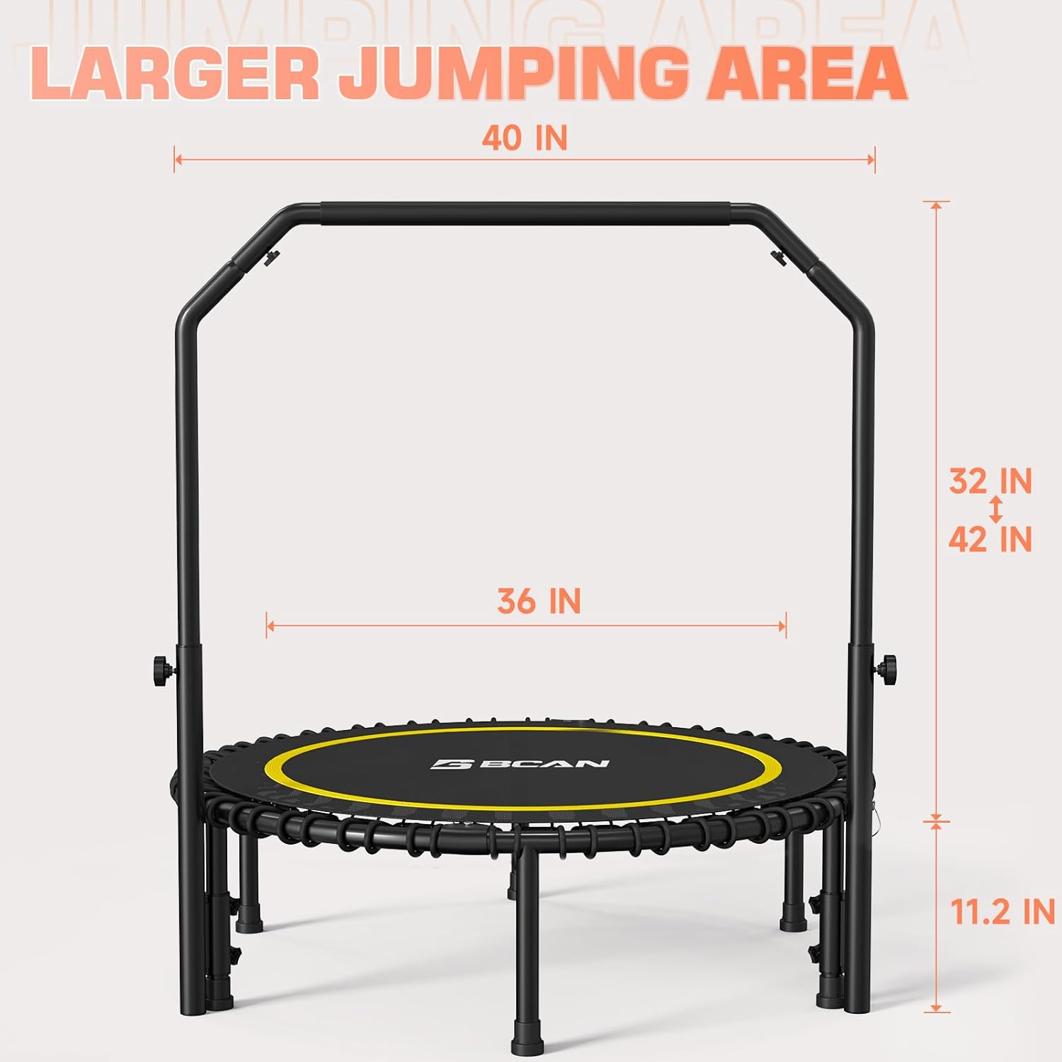 BCAN 450/550 LBS Foldable Mini Trampoline, 40"/48" Fitness Trampoline with Bungees, U Shape Adjustable Foam Handle, Stable & Quiet Exercise Rebounder for Adults Indoor/Outdoor Workout wourant