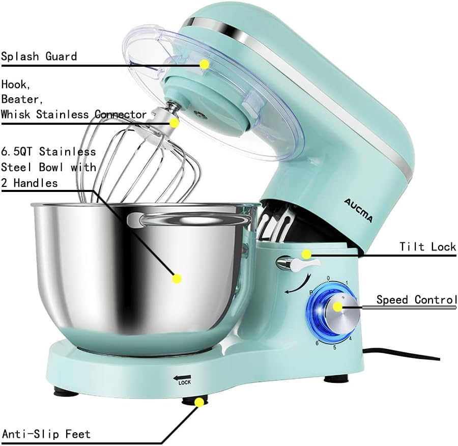 Aucma Stand Mixer,6.5-QT 660W 6-Speed Tilt-Head Food Mixer, Kitchen Electric Mixer with Dough Hook wourant